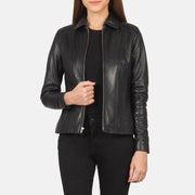 Women Colette أسود جاكيت جلد نسائي in Black Sheepskin Leather - Front Profile View &amp; Tailored Silhouette | Buy Online