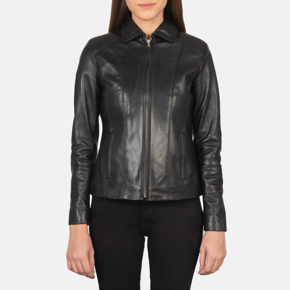 Black Sheepskin leather Jacket - Back View Showing Tailored Shoulder Fit &amp; Clean Hemline