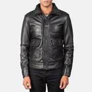 
Norman Black Hooded Bomber Leather Puffer Jacket in Blue Sheepskin Leather - عرض أمامي وقَصّة مفصلة أنيقة | شراء أونلاين عبر المتجر الرسمي