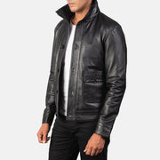 
Blue Sheepskin Leather Bomber Jacket - عرض خلفي يوضح تفصيل الأكتاف المتقن والحاشية النظيفة