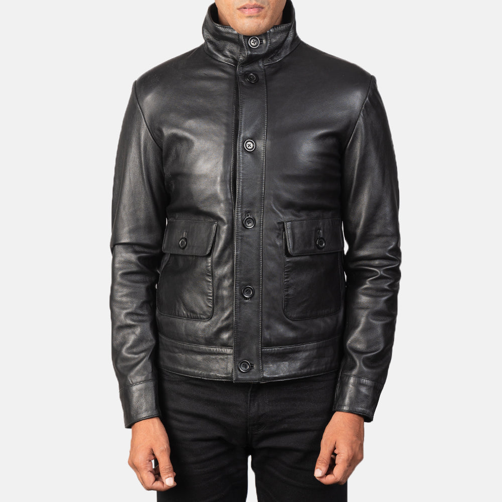 
Norman Black Hooded Bomber Leather Puffer Jacket - عرض جانبي يوضح قَصّة الأكمام المريحة