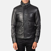 
Norman Black Hooded Bomber Leather Puffer Jacket - عرض جانبي يوضح قَصّة الأكمام المريحة
