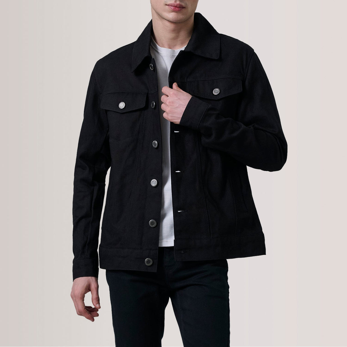 Conard أسود Denim Trucker جاكيت جلد رجالي For Men in Black Full-Grain Leather - Front Profile View &amp; Tailored Silhouette | Buy Online