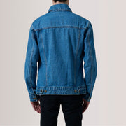 Close-Up Detail of Classic Collar &amp; Heavy-Duty Zipper Hardware on Conard أزرق Denim Trucker جاكيت جلد رجالي For Men