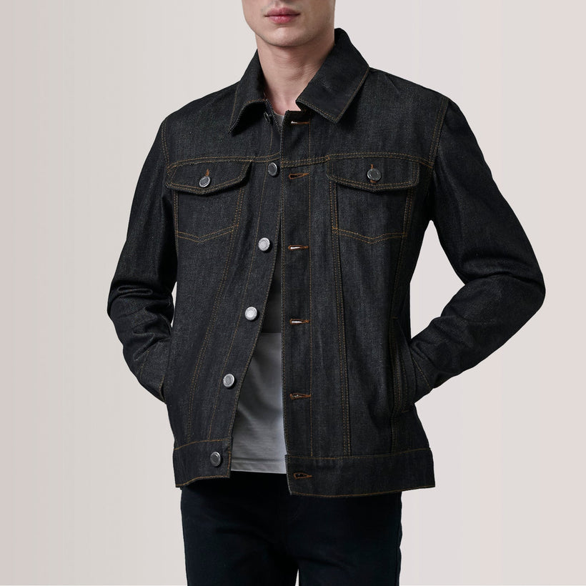 Conard Faded أسود Denim Trucker جاكيت جلد رجالي