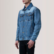 Conard Ice أزرق Denim Trucker جاكيت جلد رجالي For Men - Lateral Side Profile View Showing Sleeve Cut &amp; Athletic Taper Fit
