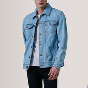 Conard Light أزرق Denim Trucker جاكيت جلد رجالي For Men in Light Blue Full-Grain Leather - Front Profile View &amp; Tailored Silhouette | Buy Online