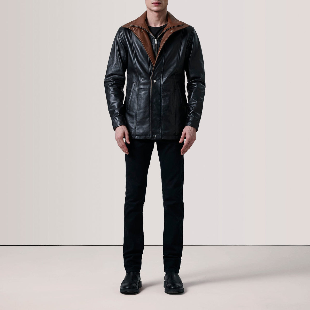 Black Sheepskin leather Coat - Back View Showing Tailored Shoulder Fit &amp; Clean Hemline