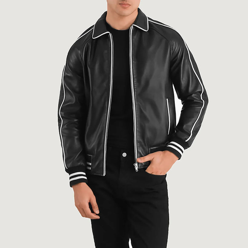 Cooper أسود Leather Varsity جاكيت جلد رجالي