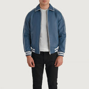 Cooper أزرق Leather Varsity جاكيت جلد رجالي in Blue Sheepskin Leather - Front Profile View &amp; Tailored Silhouette | Buy Online