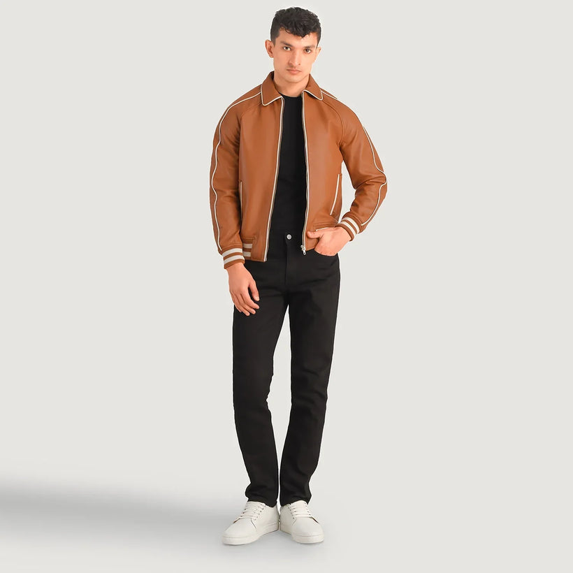 Cooper بيج بني Leather Varsity جاكيت جلد رجالي
