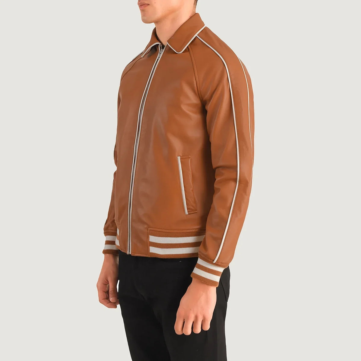 Tan Brown Sheepskin Leather Varsity Jacket - Back View Showing Tailored Shoulder Fit &amp; Clean Hemline