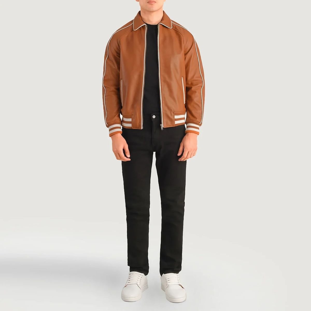 Cooper بيج بني Leather Varsity جاكيت جلد رجالي - Lateral Side Profile View Showing Sleeve Cut &amp; Athletic Taper Fit