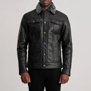Close-Up Detail of Classic Collar &amp; Button Hardware on Dallis أسود Leather Shearling Trucker جاكيت جلد رجالي