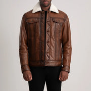 Dallis بني Leather Shearling Trucker جاكيت جلد رجالي in Waxed Brown Sheepskin Leather - Front Profile View &amp; Tailored Silhouette | Buy Online