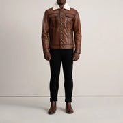 Dallis بني Leather Shearling Trucker جاكيت جلد رجالي - Lateral Side Profile View Showing Sleeve Cut &amp; Athletic Taper Fit