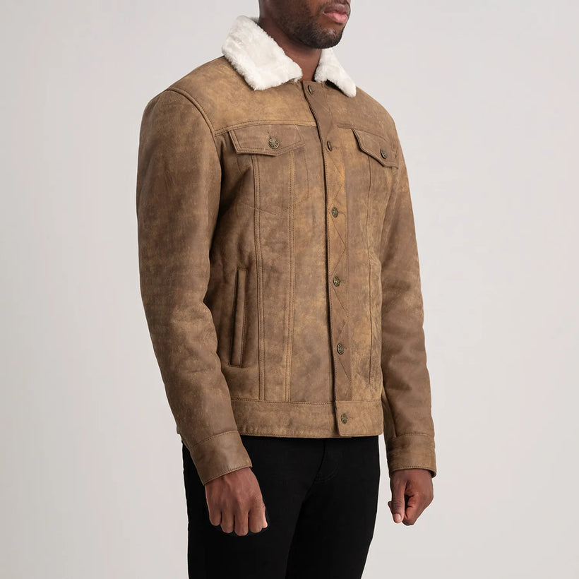 Dallis Distressed بني Leather Shearling Trucker جاكيت جلد رجالي