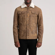 Close-Up Detail of Classic Collar &amp; Button Hardware on Dallis Snuffed Brown Shearling Trucker Jacket