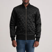 Danson مبطن أسود Varsity جاكيت جلد رجالي in Black Satin - Front Profile View &amp; Tailored Silhouette | Buy Online