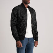Danson مبطن أسود Varsity جاكيت جلد رجالي - Lateral Side Profile View Showing Sleeve Cut &amp; Athletic Taper Fit
