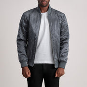 Danson مبطن Grey Varsity جاكيت جلد رجالي - Lateral Side Profile View Showing Sleeve Cut &amp; Athletic Taper Fit
