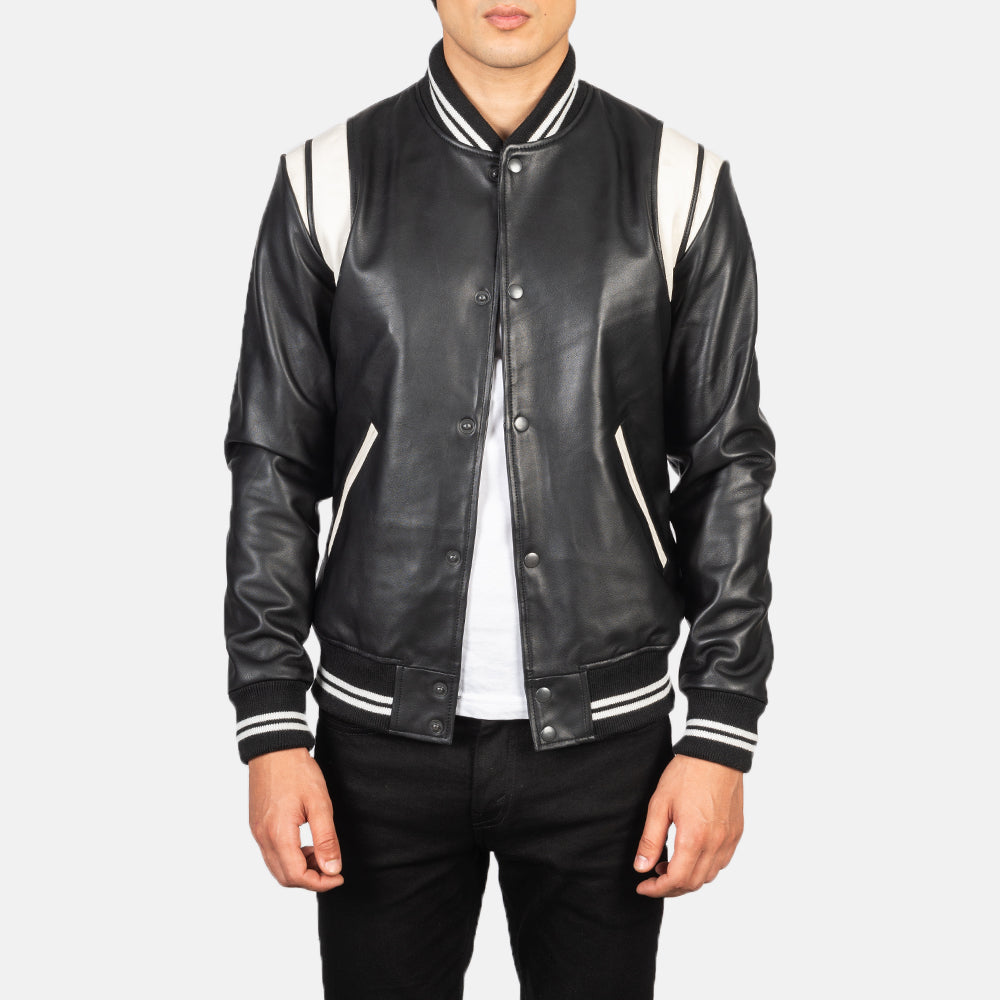 Men's Dantee أسود Leather Varsity جاكيت جلد رجالي in Black &amp; White Sheepskin Leather - Front Profile View &amp; Tailored Silhouette | Buy Online