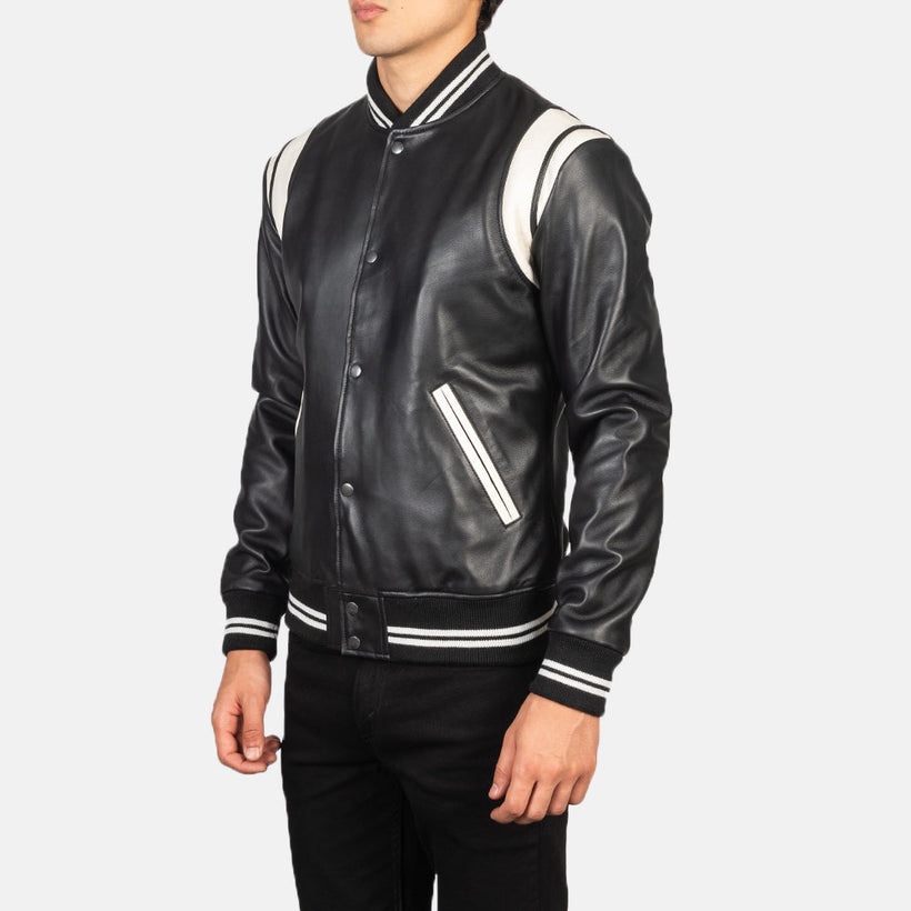 Dantee أسود Leather Varsity جاكيت جلد رجالي