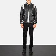 Men's Dantee أسود Leather Varsity جاكيت جلد رجالي - Lateral Side Profile View Showing Sleeve Cut &amp; Athletic Taper Fit
