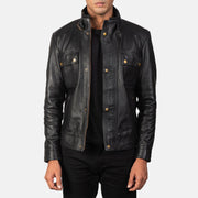 Men's Darren Black Leather Biker Jacket - Lateral Side Profile View Showing Sleeve Cut &amp; Athletic Taper Fit