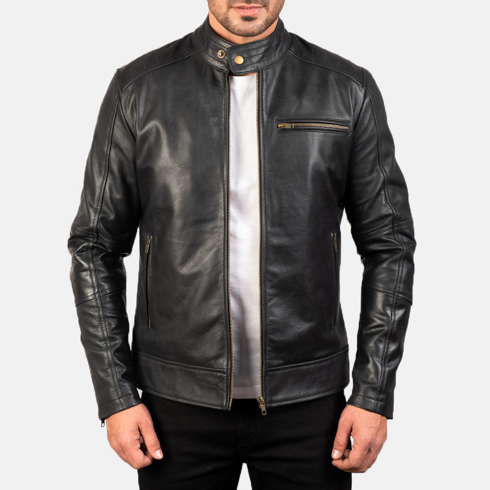 Dean أسود جاكيت بايكر جلد رجالي in Black Cow Hide Leather - Front Profile View &amp; Tailored Silhouette | Buy Online