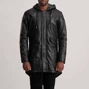 Close-Up Detail of Hooded &amp; Zipper with Placket Hardware on Delvin Tan Leather Parka