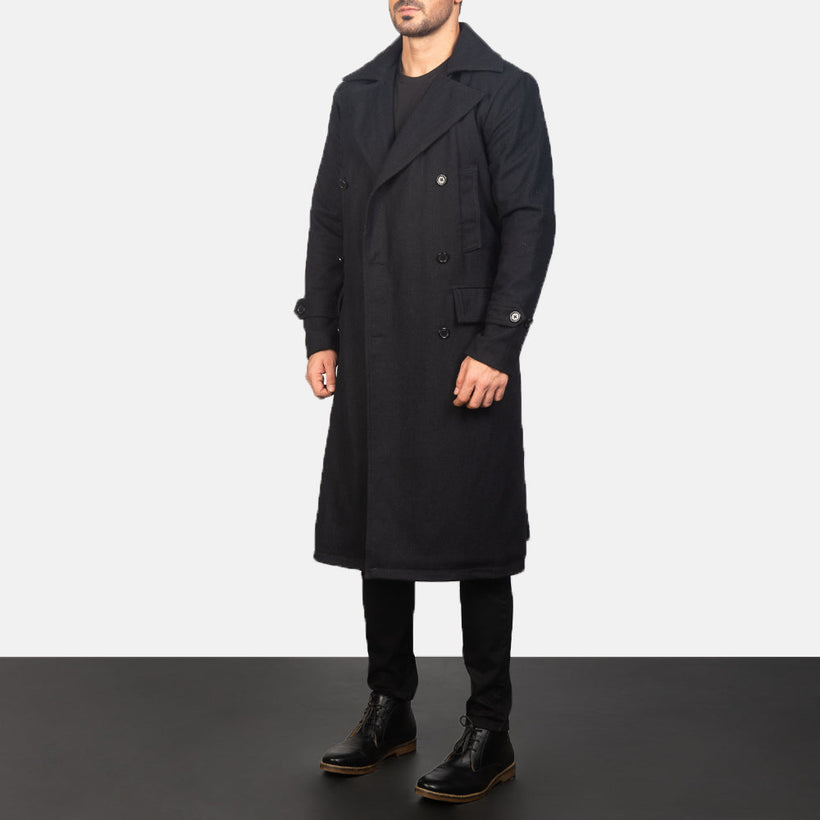 Detective أسود Wool معطف جلد رجالي
