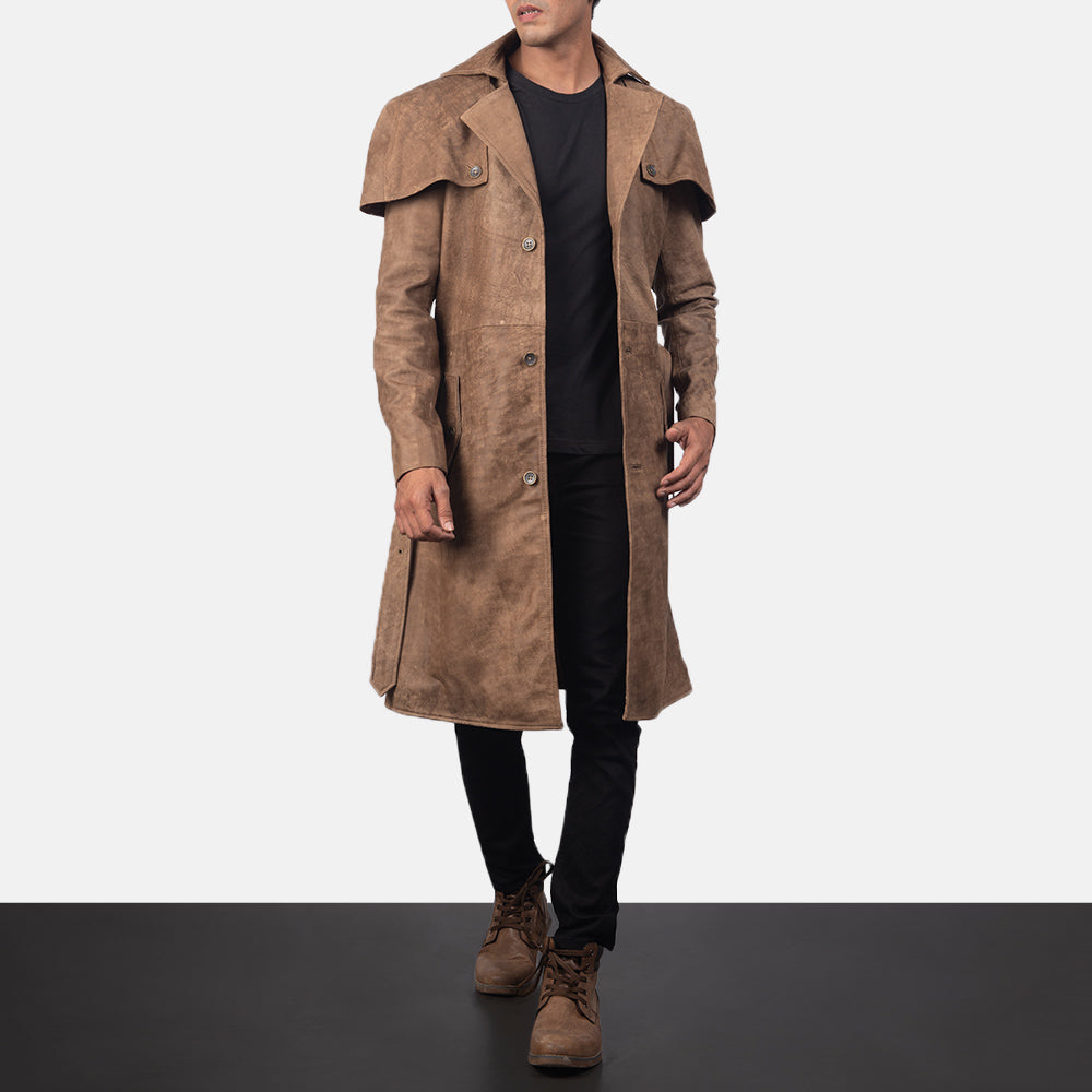
Deux بني Leather Duster رجالي in Distressed Brown Semi-Aniline Snuffed - عرض أمامي وقَصّة مفصلة أنيقة | شراء أونلاين عبر المتجر الرسمي