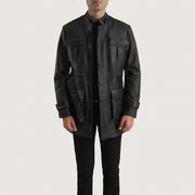 Dolf أسود جاكيت جلد رجالي in Black Cowhide Leather - Front Profile View &amp; Tailored Silhouette | Buy Online