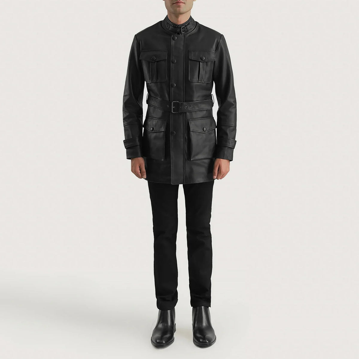 Dolf أسود جاكيت جلد رجالي - Lateral Side Profile View Showing Sleeve Cut &amp; Athletic Taper Fit