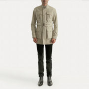 Dolf Off-White جاكيت شمواه طبيعي رجالي - Lateral Side Profile View Showing Sleeve Cut &amp; Athletic Taper Fit