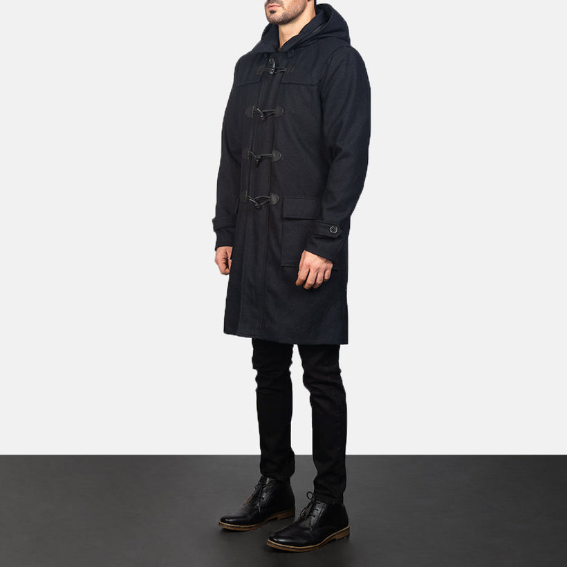 Drake أسود Wool Hooded Duffle معطف جلد فاخر رجالي
