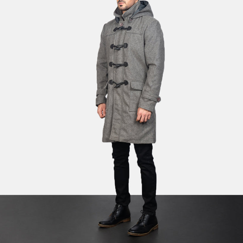 Drake Grey Wool Hooded Duffle معطف جلد فاخر رجالي