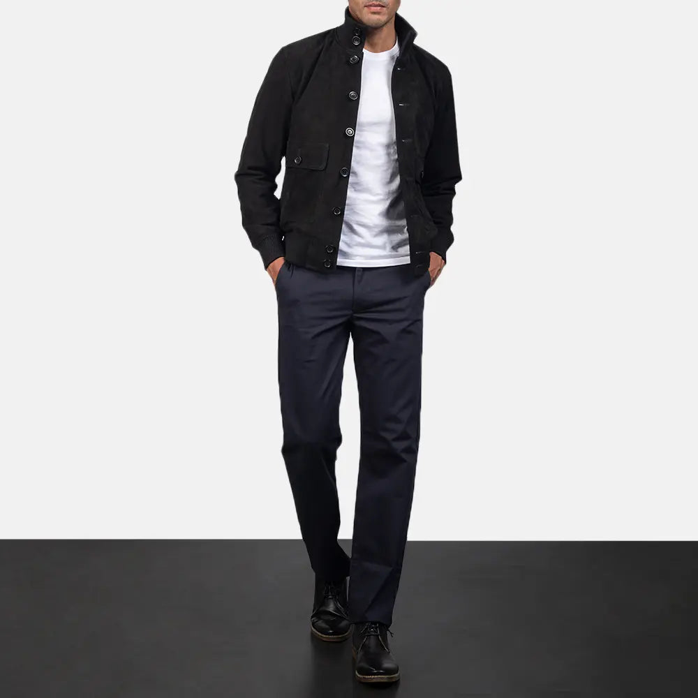 Close-Up Detail of Knit Rib &amp; Button Hardware on Men's Eaton Brown Suede Bomber Jacket