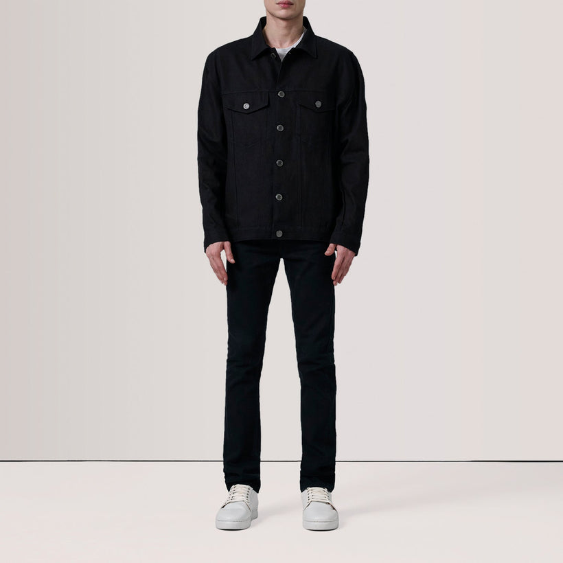 Eddie أسود Oversized Denim Trucker جاكيت جلد رجالي