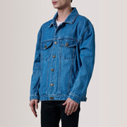
Eddie Dark أزرق Oversized Denim Trucker جاكيت جلد رجالي For Men - عرض جانبي يوضح قَصّة الأكمام المريحة