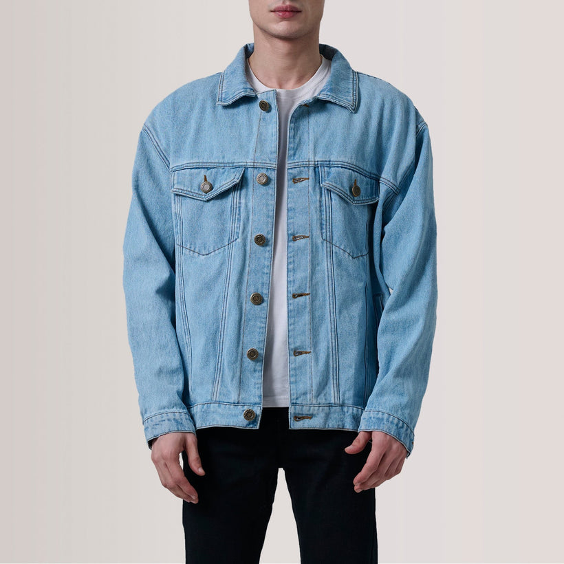 Eddie Light أزرق Oversized Denim Trucker جاكيت جلد رجالي