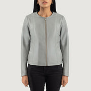 
Open Hem & Hem Craftsmanship Construction Detail on Elixir Beige Collarless Leather Jacket