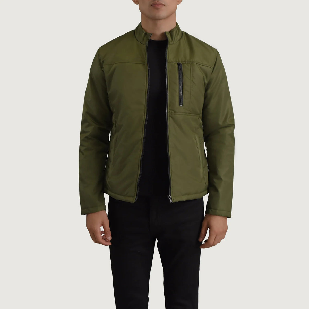 Elliot أخضر Lightweight جاكيت جلد رجالي in Green Full-Grain Leather - Front Profile View &amp; Tailored Silhouette | Buy Online
