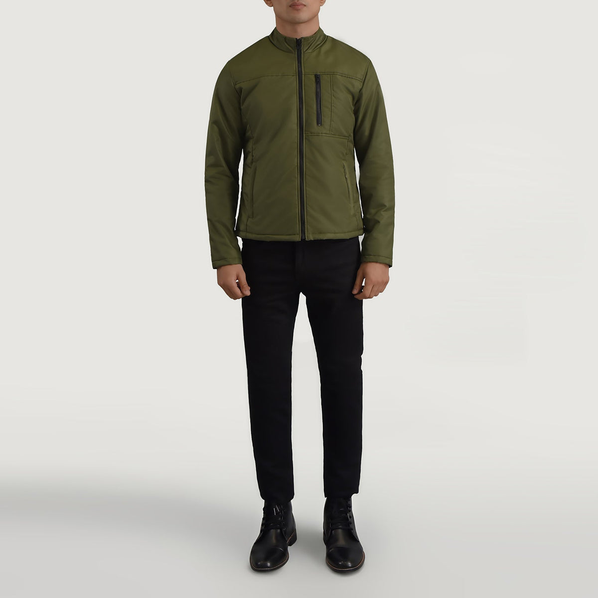 Elliot أخضر Lightweight جاكيت جلد رجالي - Lateral Side Profile View Showing Sleeve Cut &amp; Athletic Taper Fit