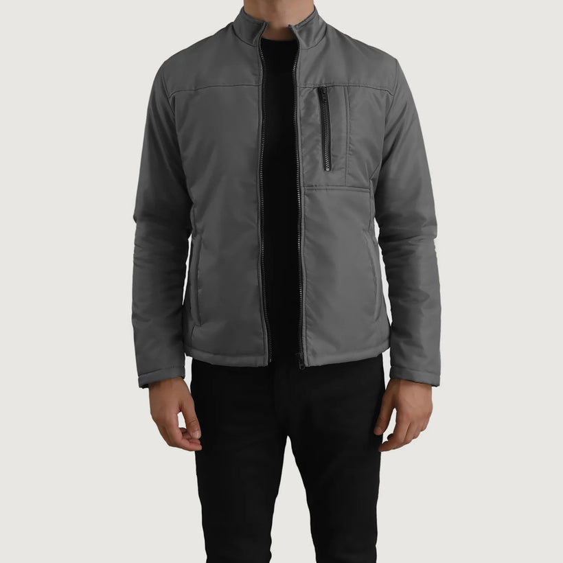 Elliot Grey Lightweight Jacket in Grey Full-Grain Leather - Front Profile View & Tailored Silhouette | Buy Online