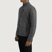 Grey Full-Grain Leather Winter Jacket - Back View Showing Tailored Shoulder Fit &amp; Clean Hemline