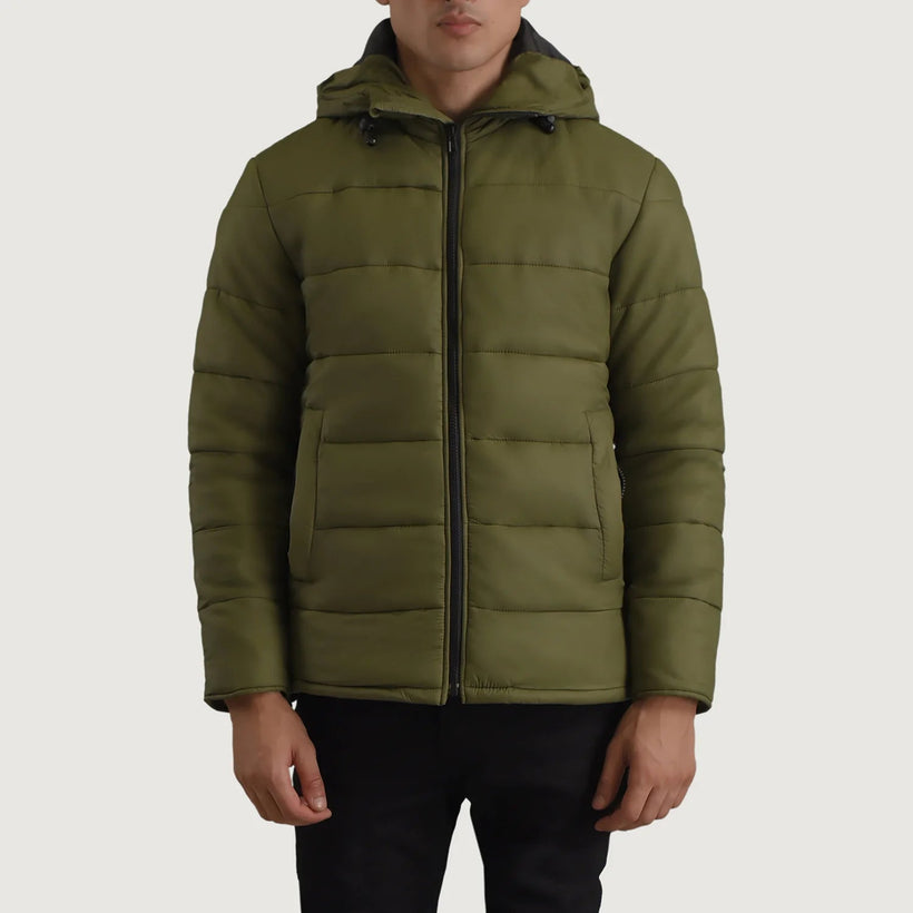 Erico أخضر Hooded Puffer جاكيت جلد رجالي