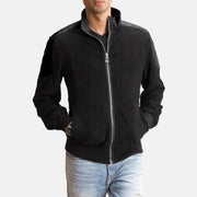 Men's Ethan Hybrid Suede جاكيت بومبر جلد رجالي in Black Goatskin Suede - Front Profile View &amp; Tailored Silhouette | Buy Online