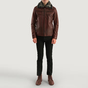 Close-Up Detail of Shirt &amp; Zipper Hardware on Men's Evan Hart Fur بني جاكيت جلد رجالي